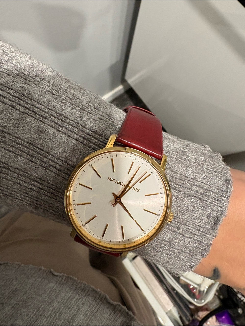 Michael Kors Gold Watch with Red Strap and Silver Dial